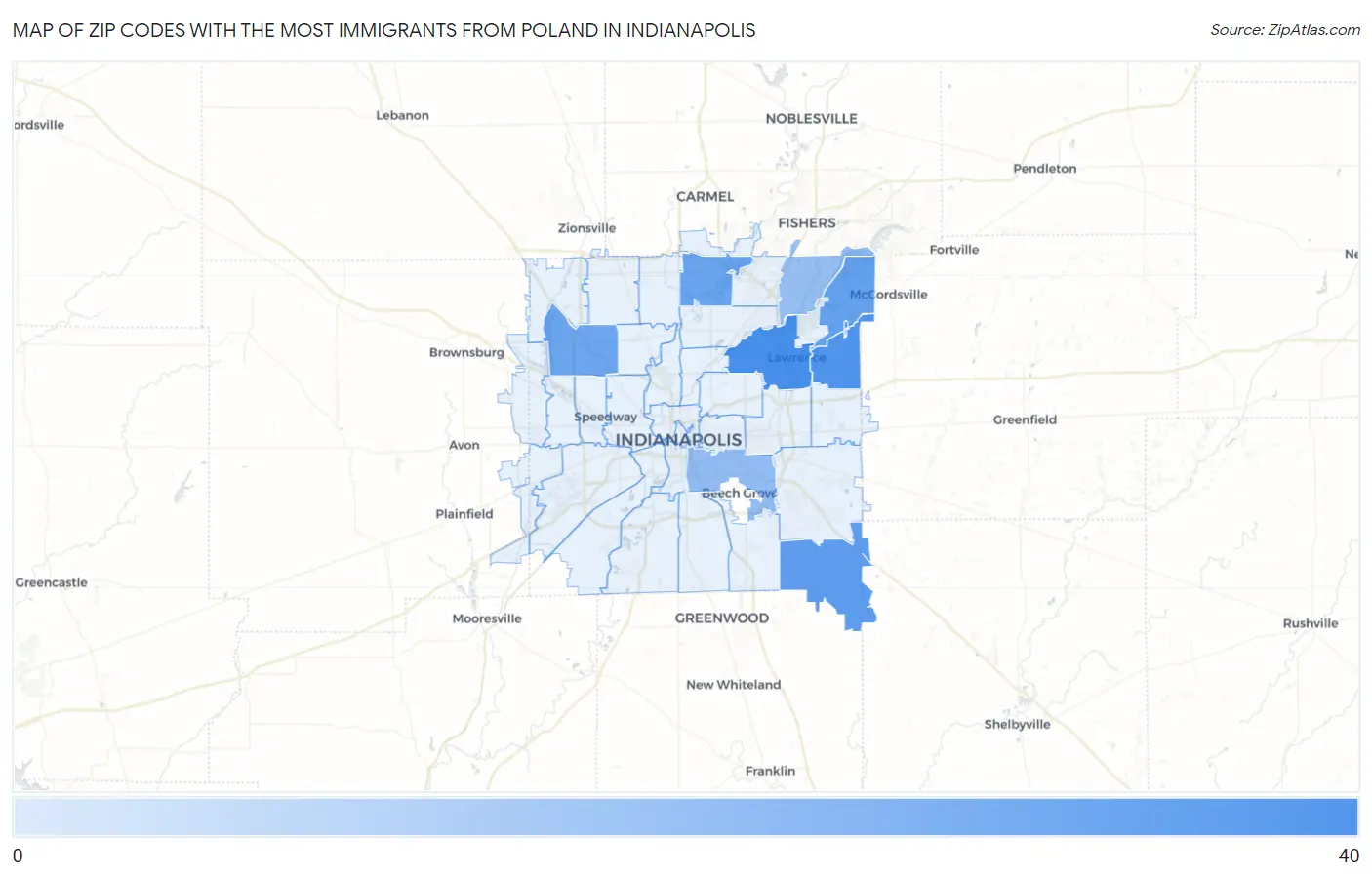 Zip Codes with the Most Immigrants from Poland in Indianapolis Map