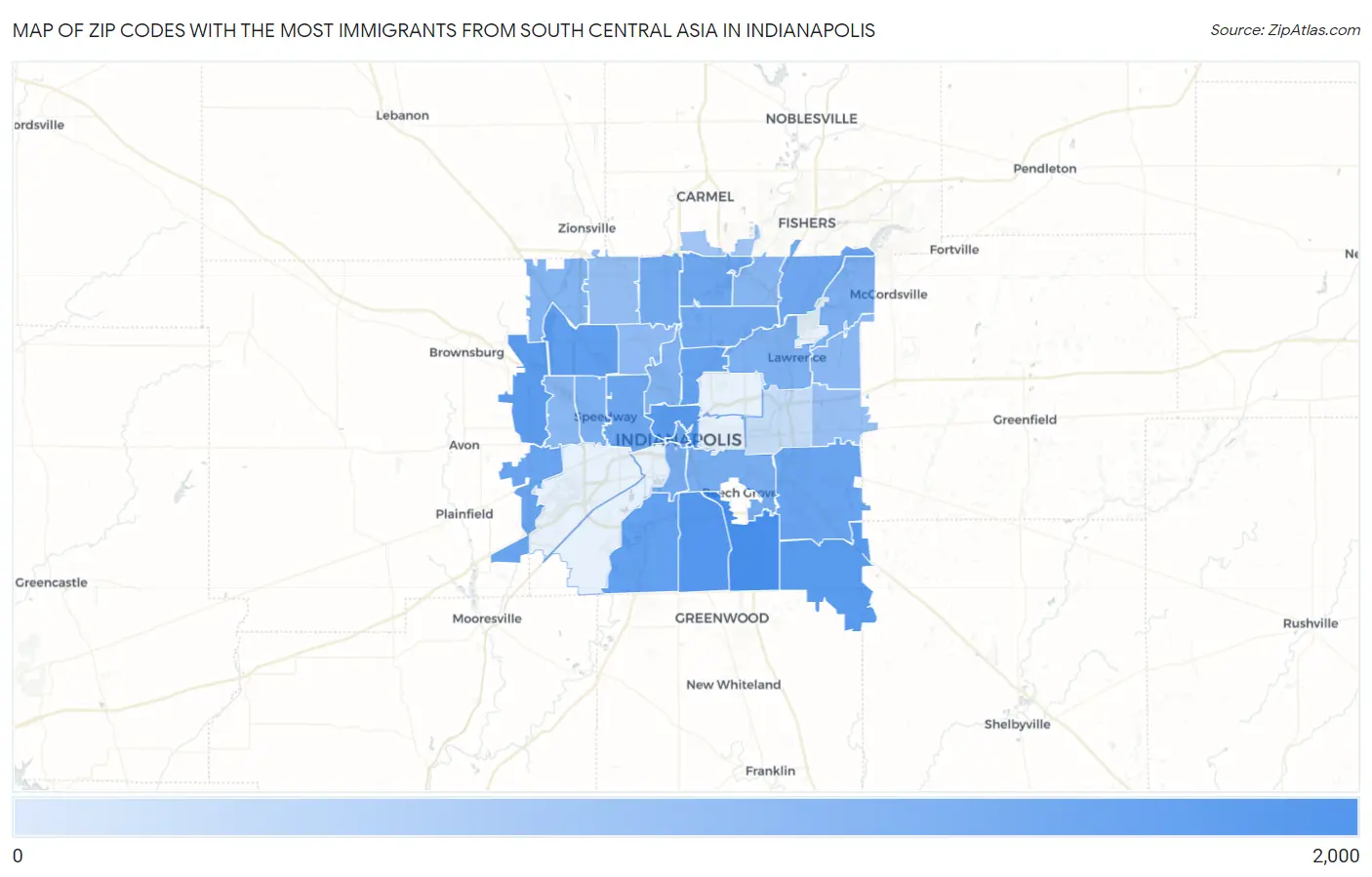 Zip Codes with the Most Immigrants from South Central Asia in Indianapolis Map