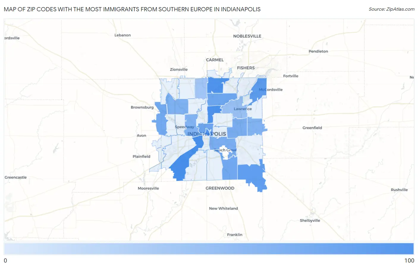 Zip Codes with the Most Immigrants from Southern Europe in Indianapolis Map