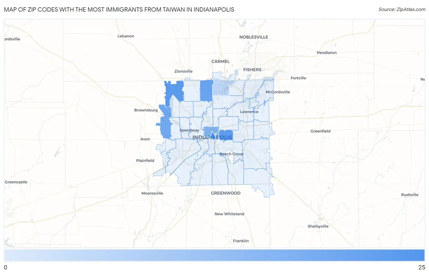 Zip Codes with the Most Immigrants from Taiwan in Indianapolis Map