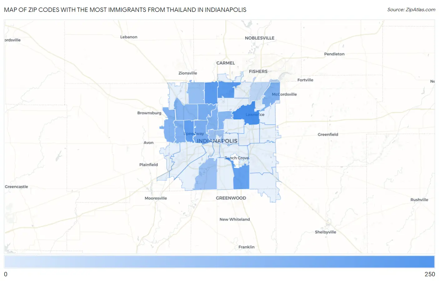 Zip Codes with the Most Immigrants from Thailand in Indianapolis Map