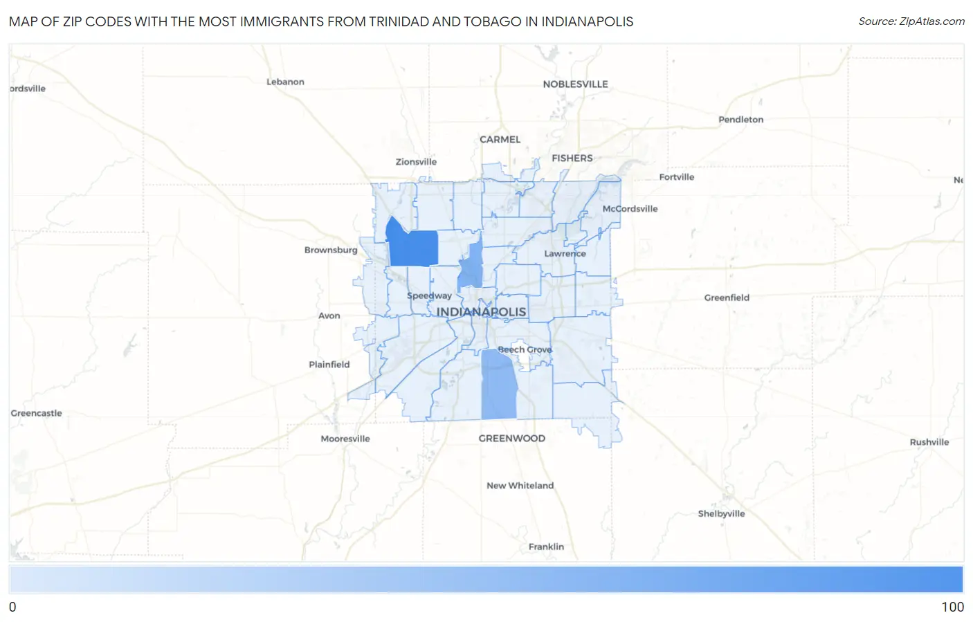 Zip Codes with the Most Immigrants from Trinidad and Tobago in Indianapolis Map