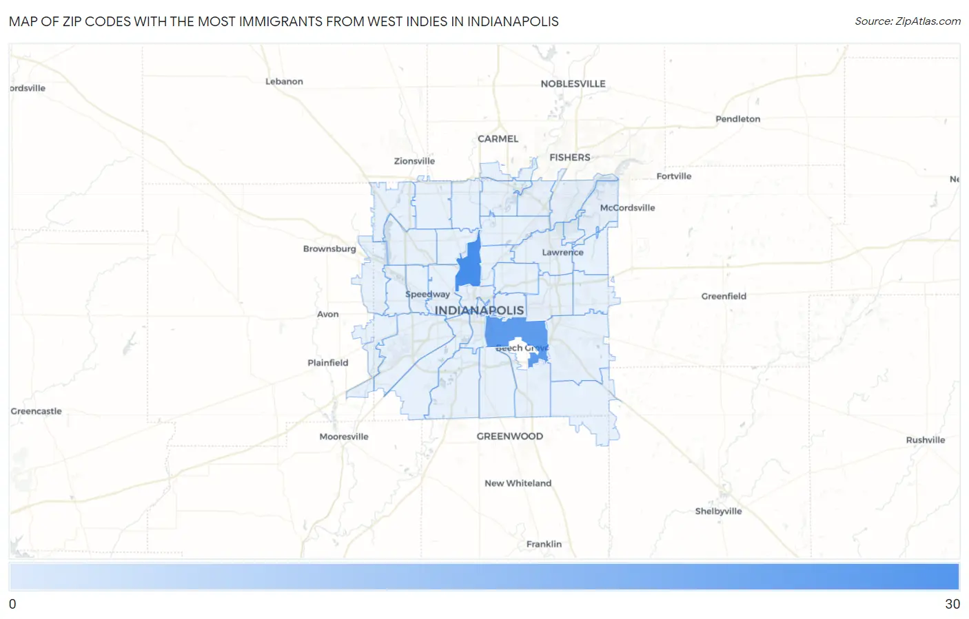 Zip Codes with the Most Immigrants from West Indies in Indianapolis Map