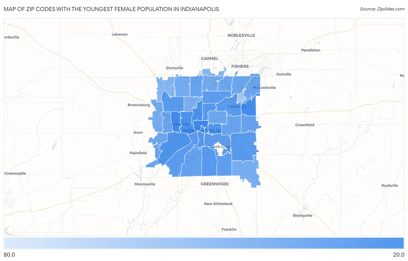 Zip Codes with the Youngest Female Population in Indianapolis Map
