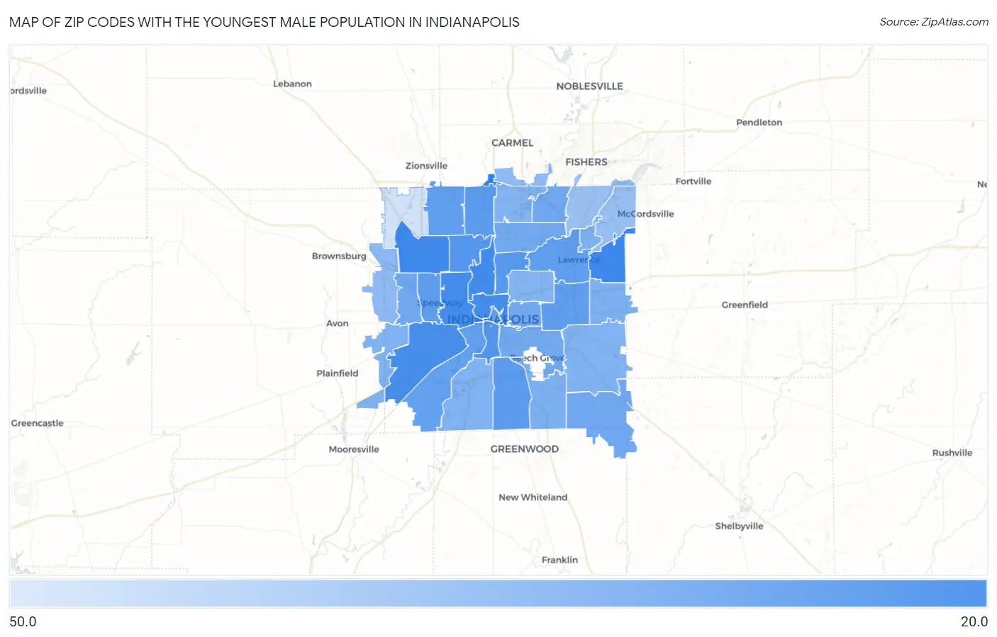 Zip Codes with the Youngest Male Population in Indianapolis Map