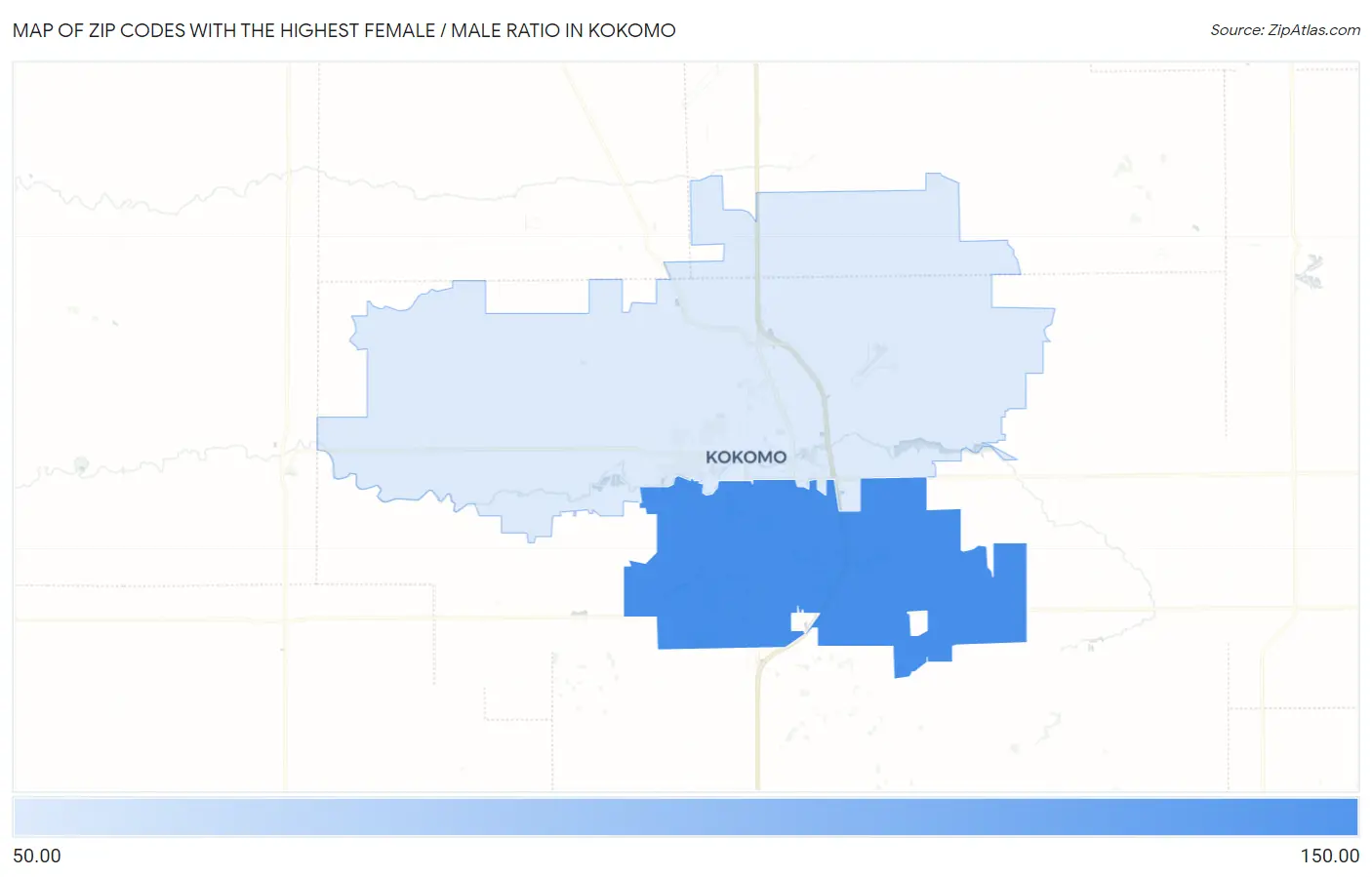 Zip Codes with the Highest Female / Male Ratio in Kokomo Map