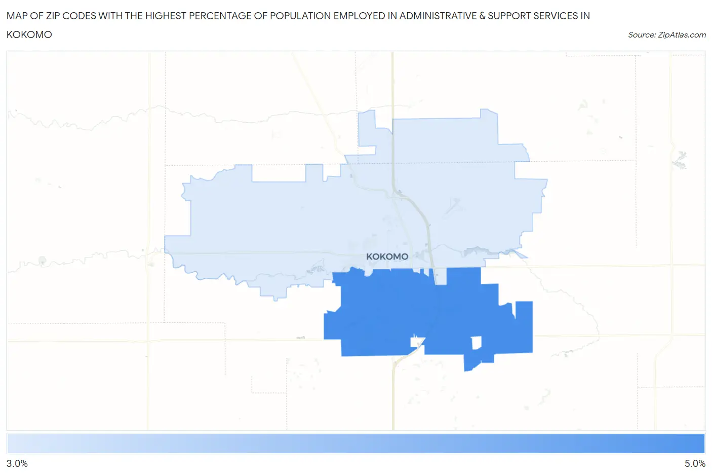 Zip Codes with the Highest Percentage of Population Employed in Administrative & Support Services in Kokomo Map