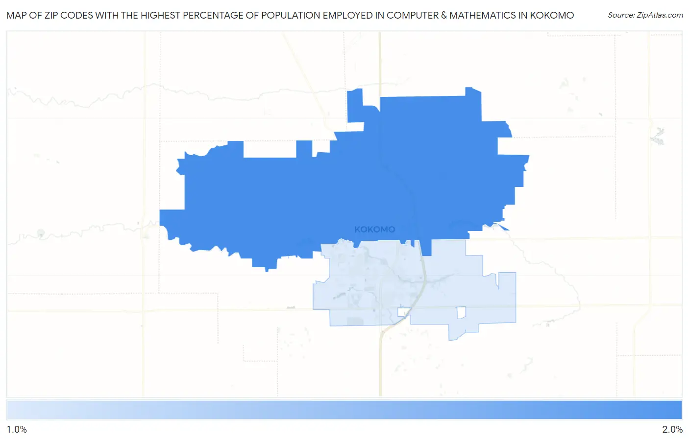 Zip Codes with the Highest Percentage of Population Employed in Computer & Mathematics in Kokomo Map