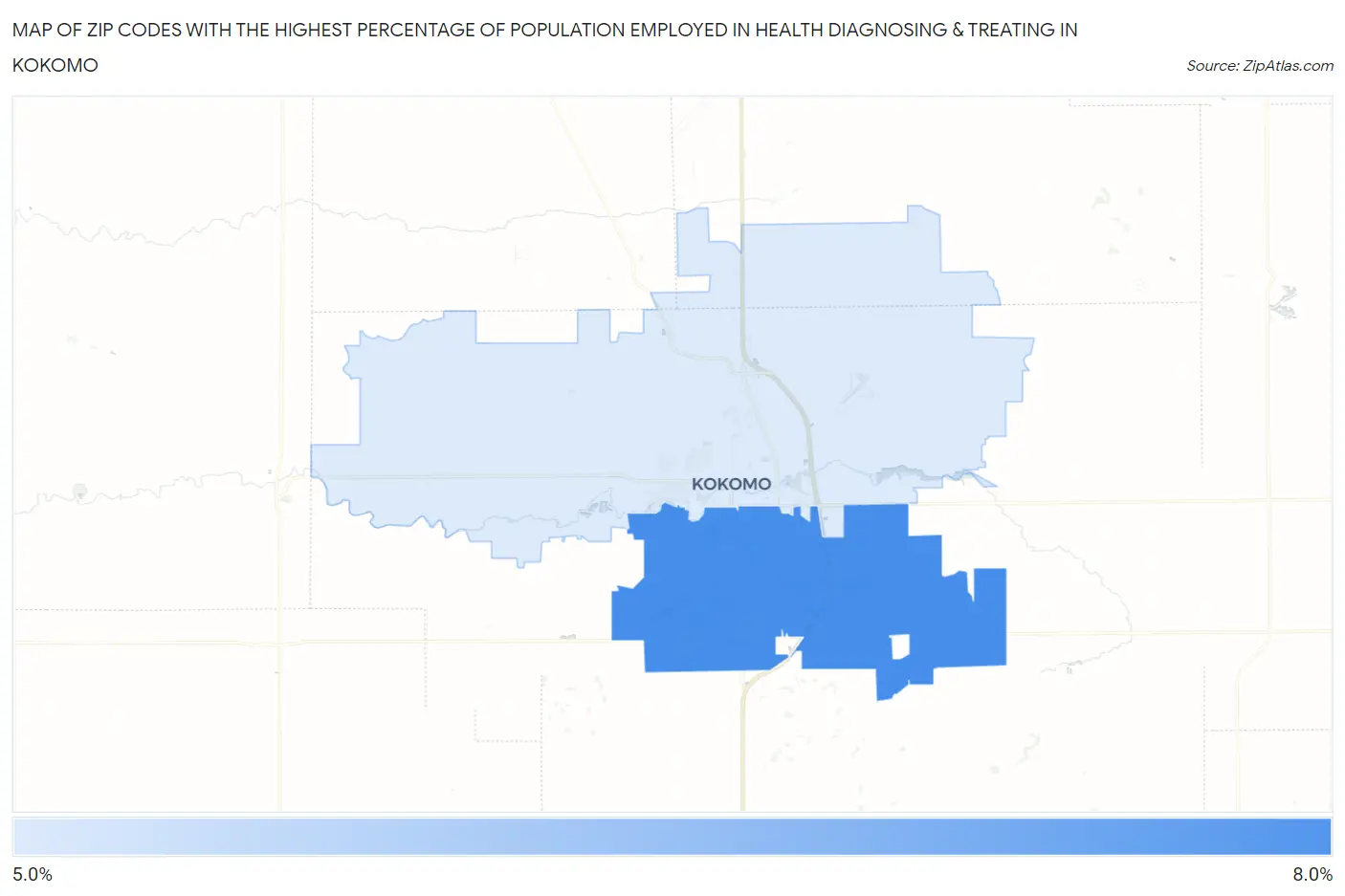 Zip Codes with the Highest Percentage of Population Employed in Health Diagnosing & Treating in Kokomo Map