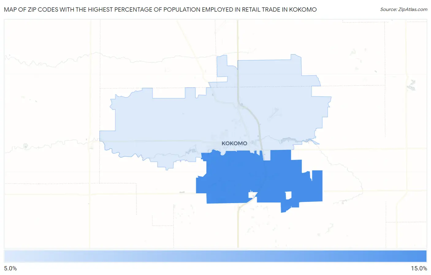 Zip Codes with the Highest Percentage of Population Employed in Retail Trade in Kokomo Map