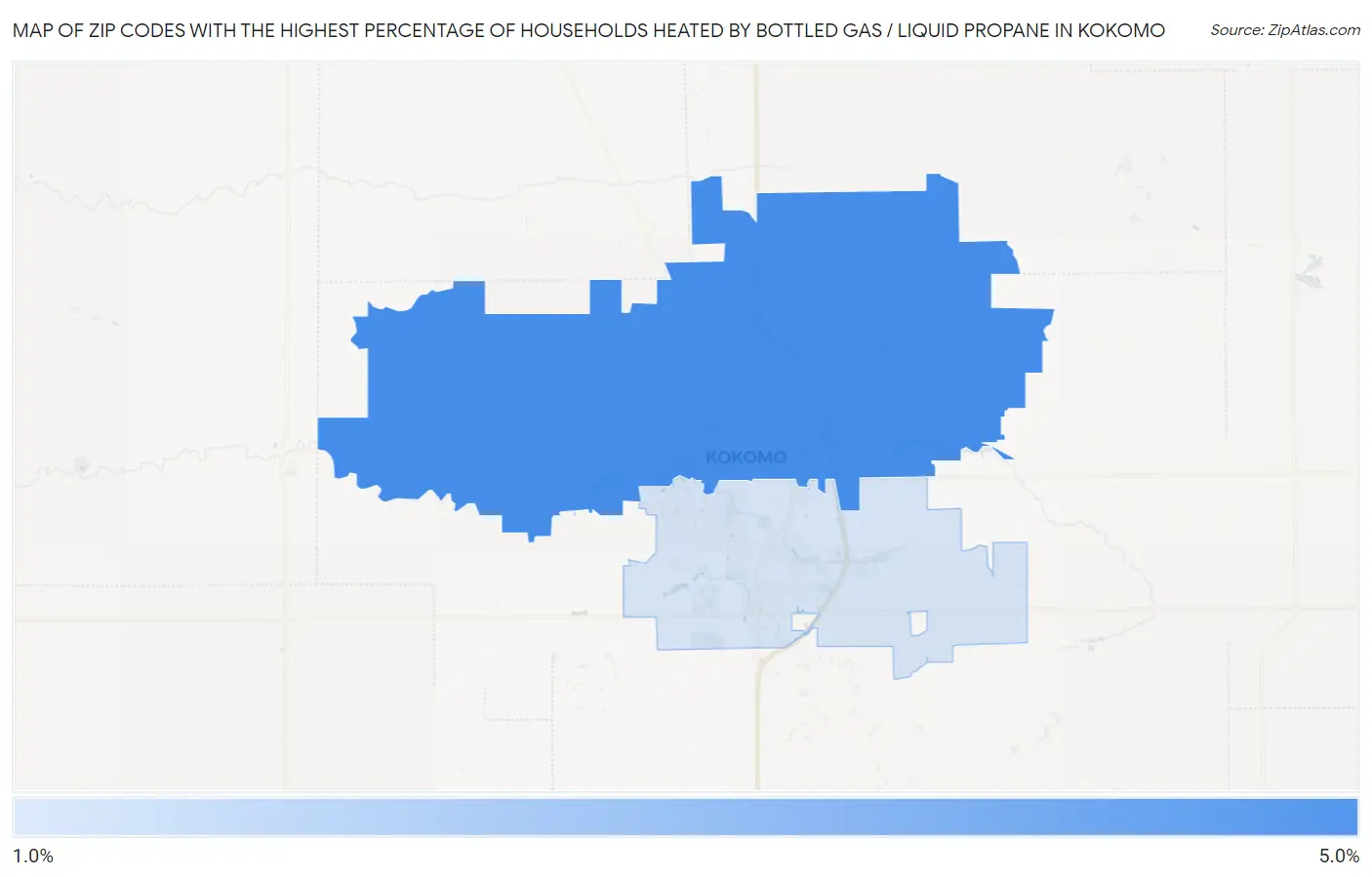 Zip Codes with the Highest Percentage of Households Heated by Bottled Gas / Liquid Propane in Kokomo Map