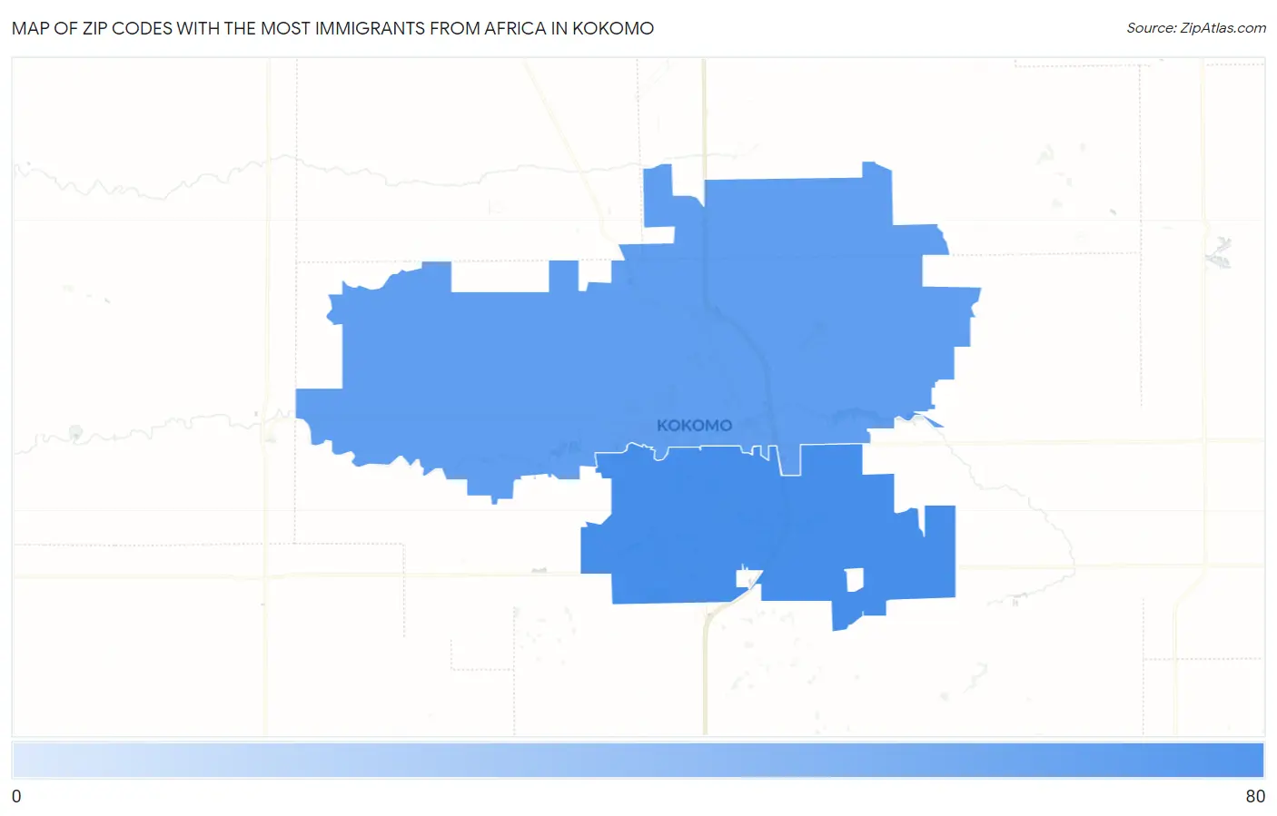 Zip Codes with the Most Immigrants from Africa in Kokomo Map