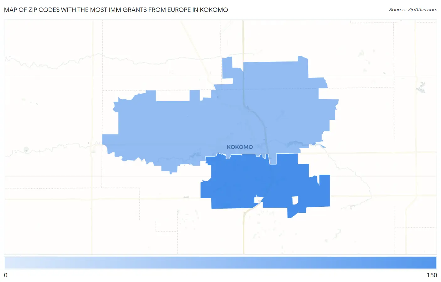 Zip Codes with the Most Immigrants from Europe in Kokomo Map