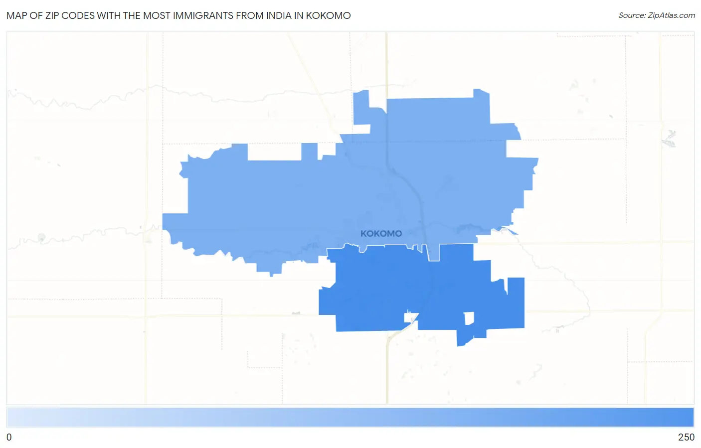 Zip Codes with the Most Immigrants from India in Kokomo Map