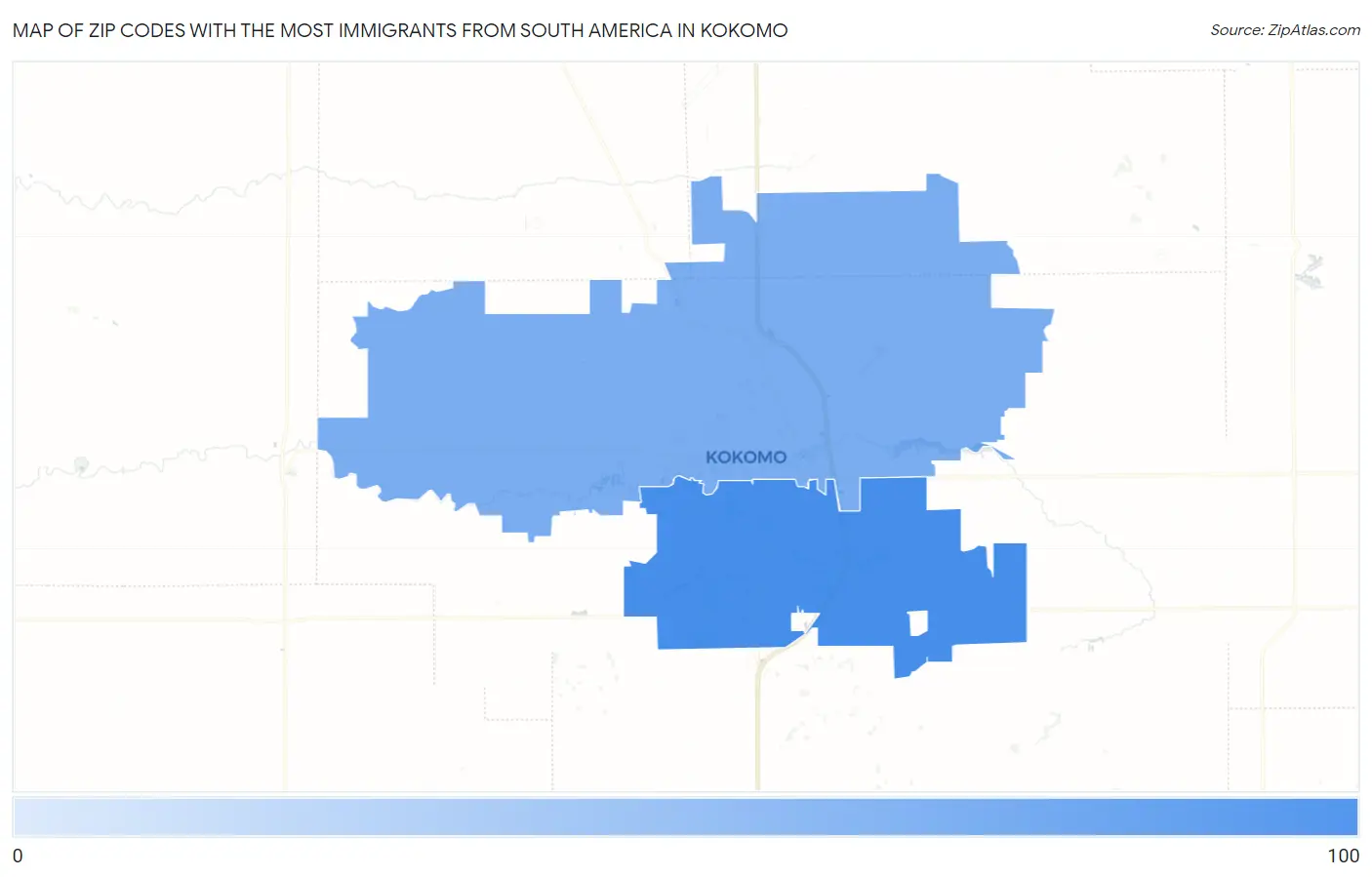 Zip Codes with the Most Immigrants from South America in Kokomo Map