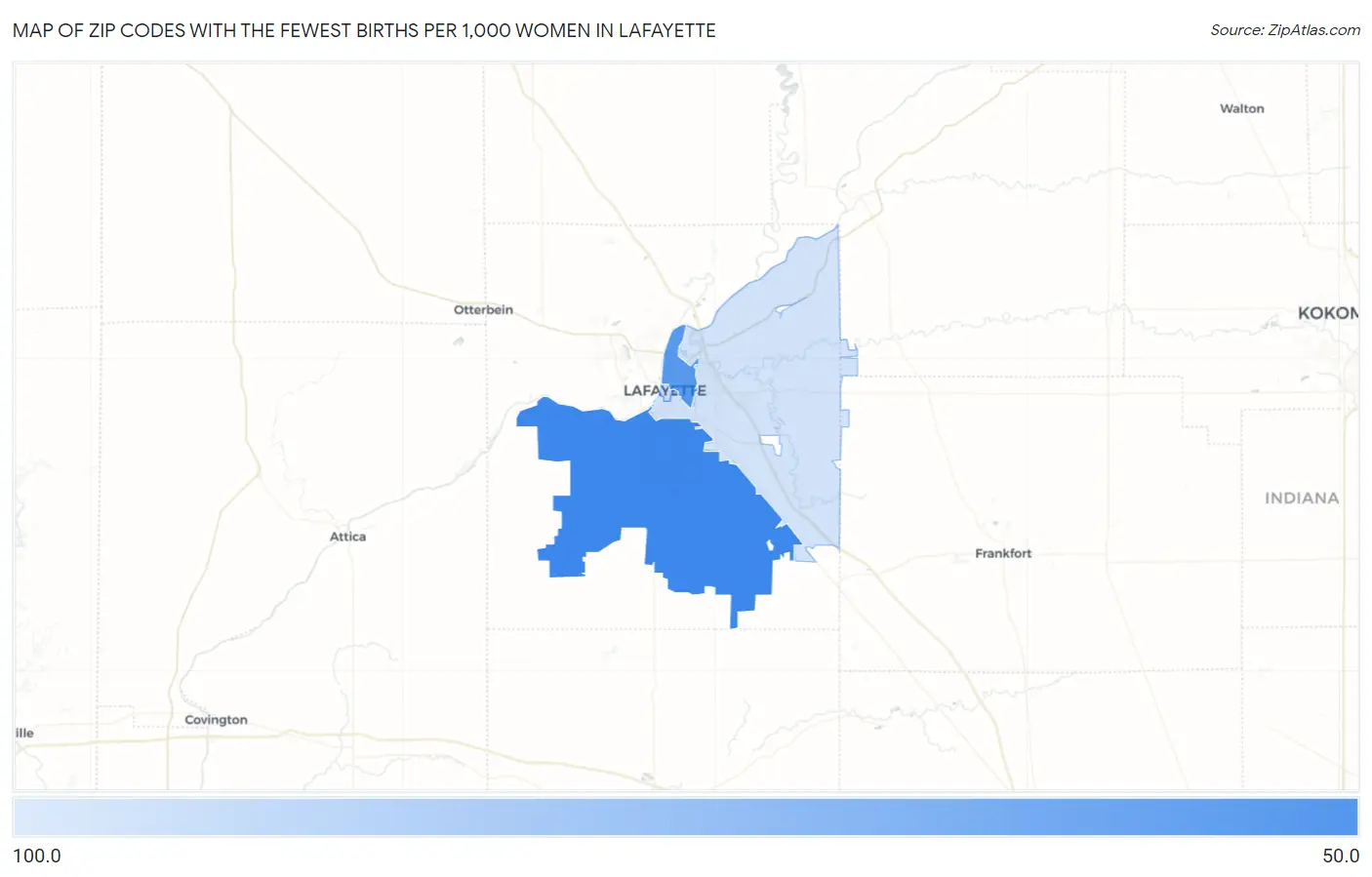 Zip Codes with the Fewest Births per 1,000 Women in Lafayette Map