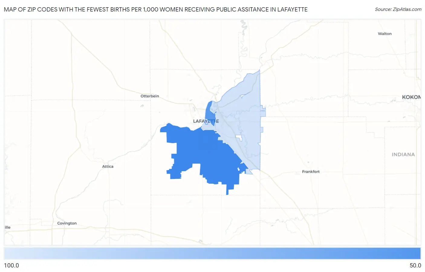 Zip Codes with the Fewest Births per 1,000 Women Receiving Public Assitance in Lafayette Map