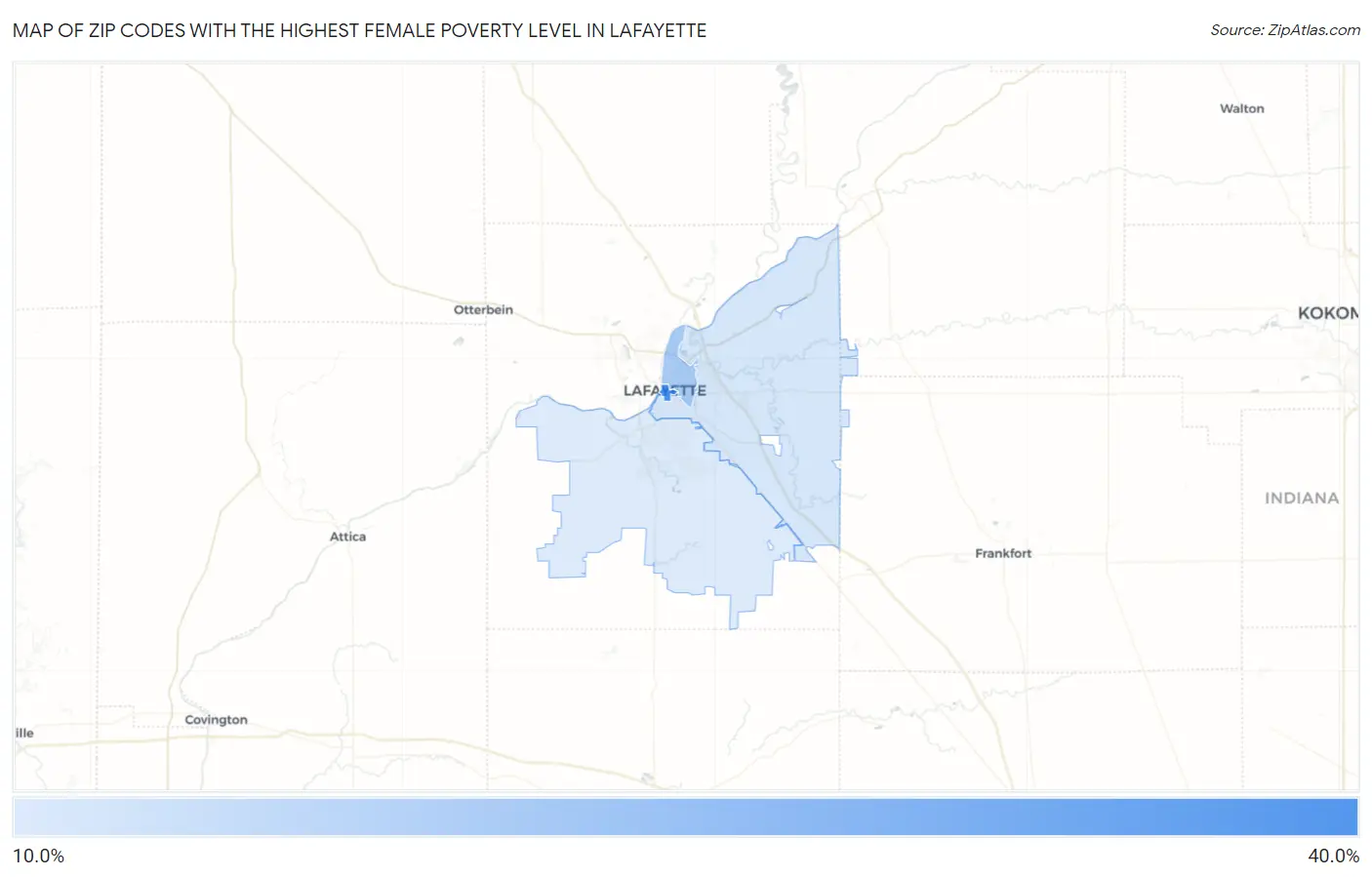 Zip Codes with the Highest Female Poverty Level in Lafayette Map