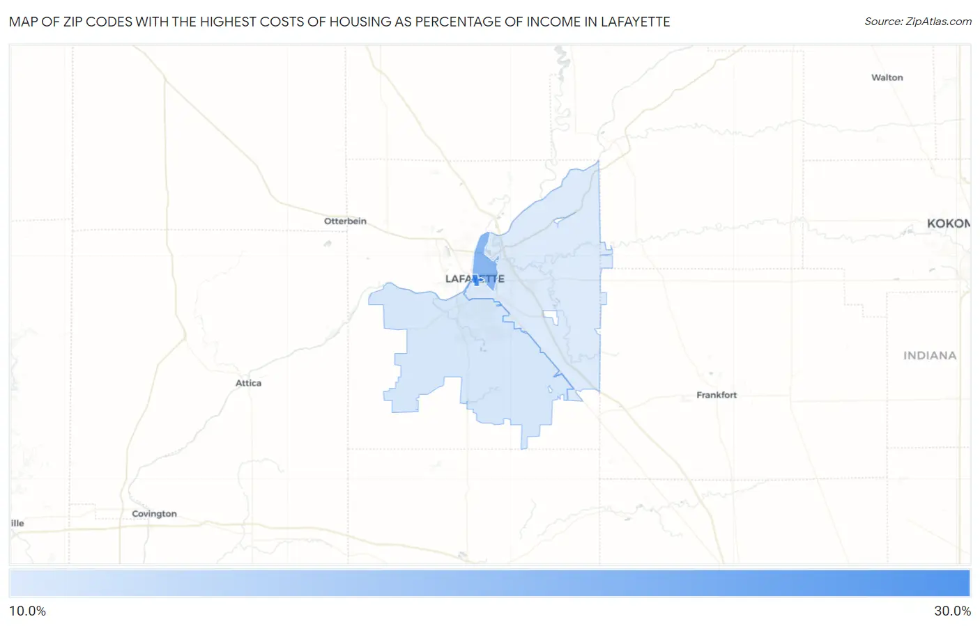 Zip Codes with the Highest Costs of Housing as Percentage of Income in Lafayette Map
