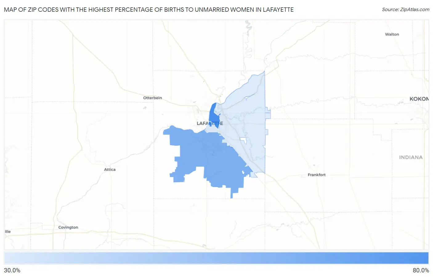 Zip Codes with the Highest Percentage of Births to Unmarried Women in Lafayette Map
