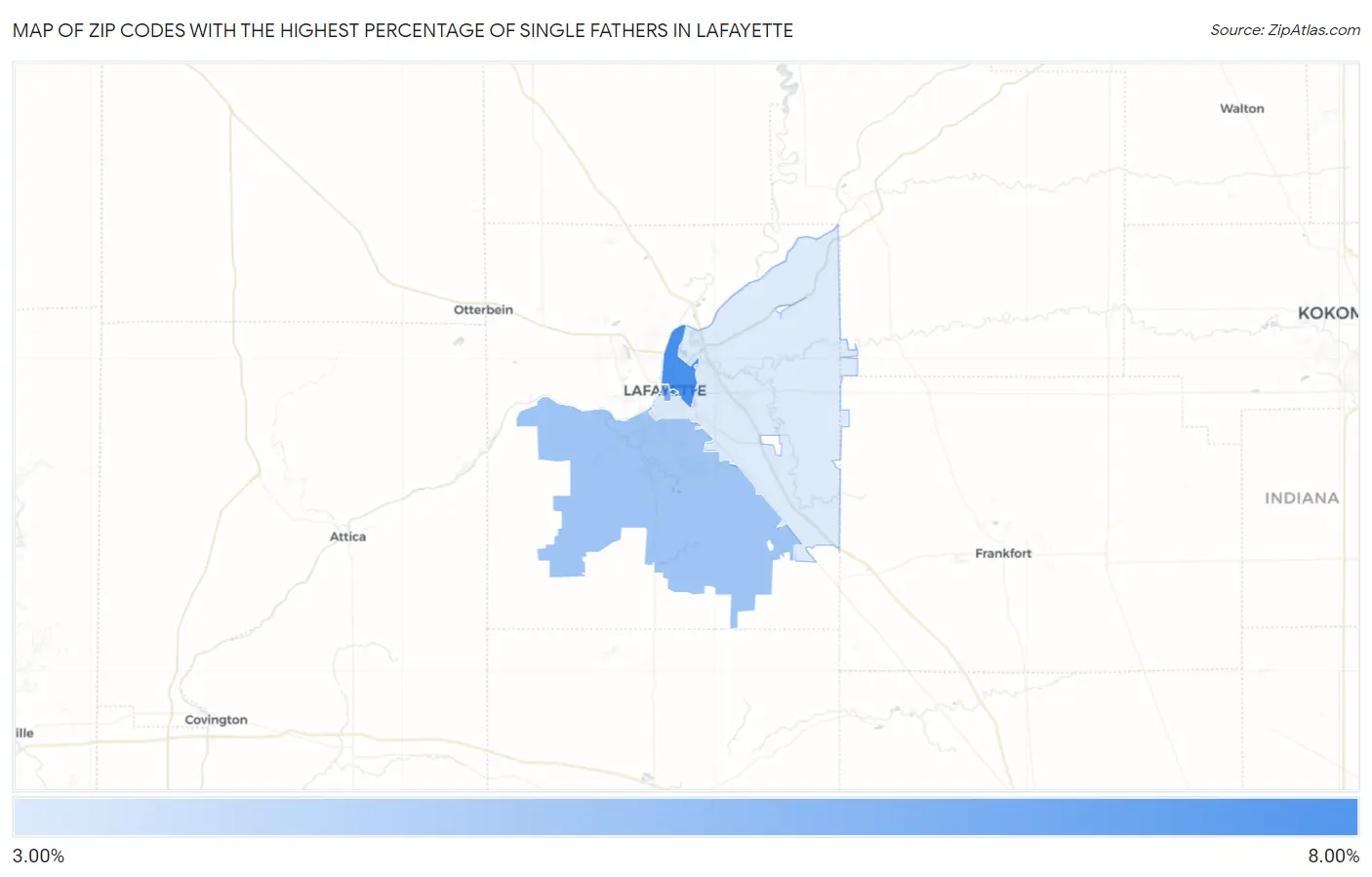 Zip Codes with the Highest Percentage of Single Fathers in Lafayette Map