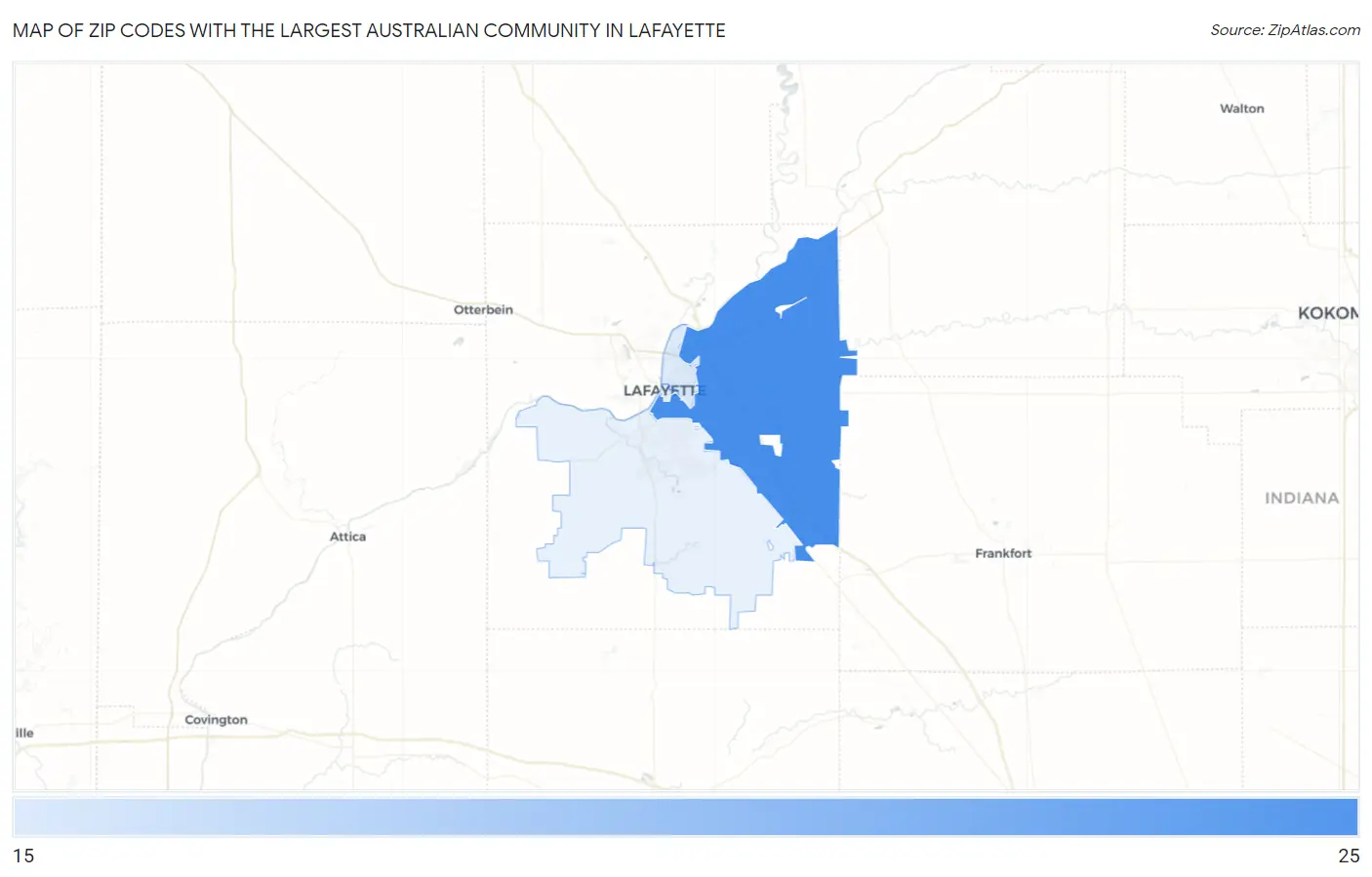 Zip Codes with the Largest Australian Community in Lafayette Map