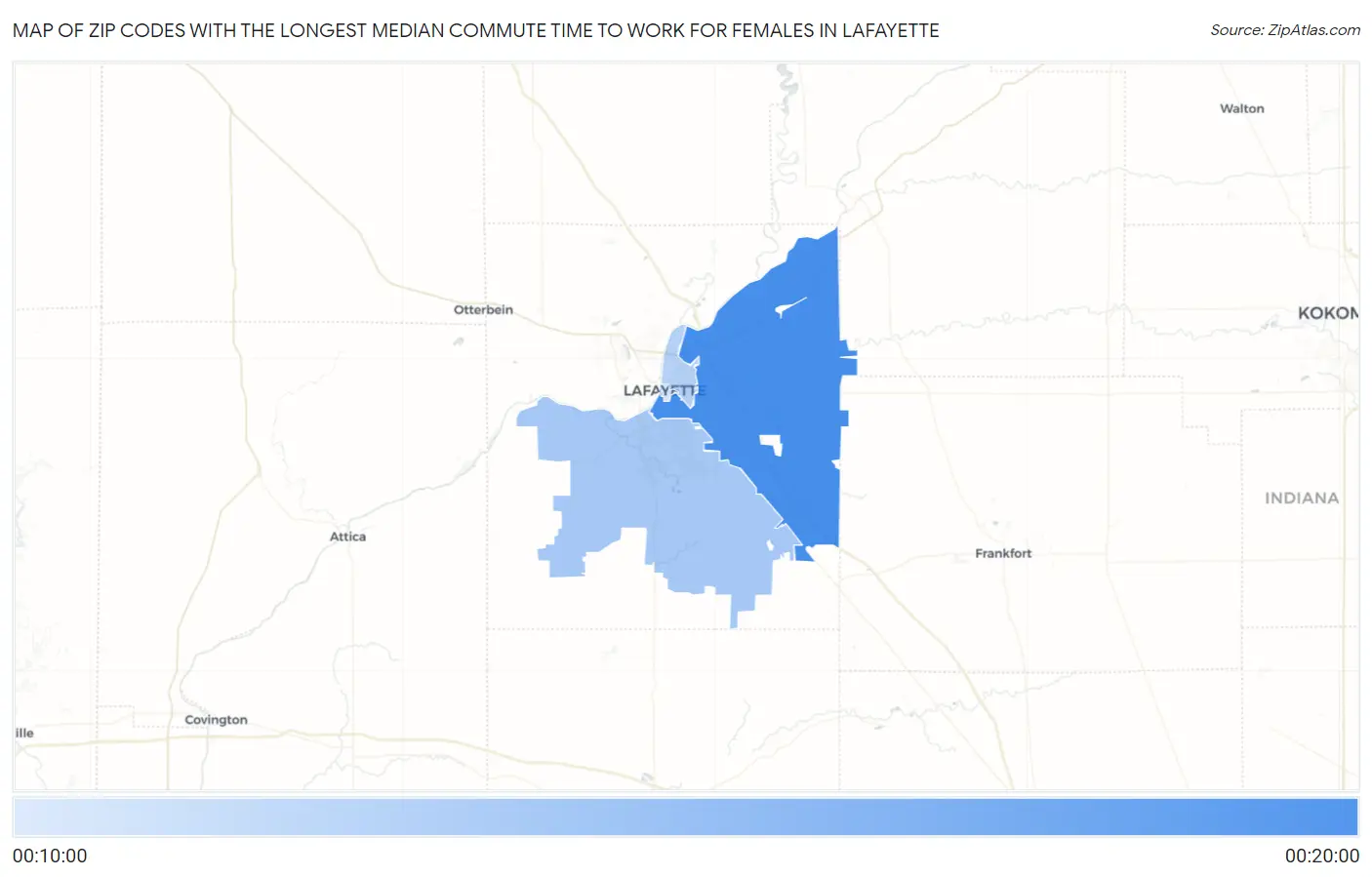 Zip Codes with the Longest Median Commute Time to Work for Females in Lafayette Map
