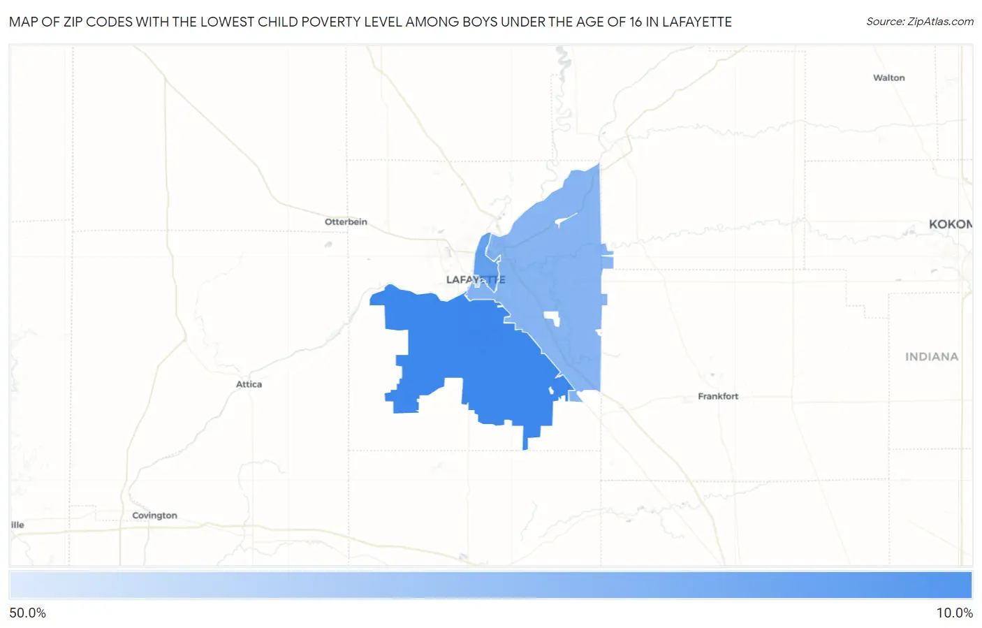 Zip Codes with the Lowest Child Poverty Level Among Boys Under the Age of 16 in Lafayette Map