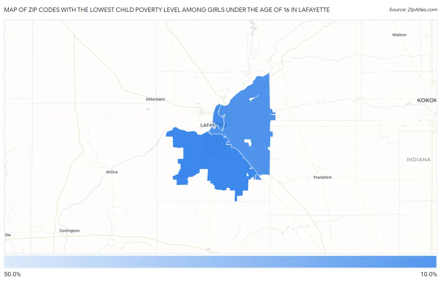 Zip Codes with the Lowest Child Poverty Level Among Girls Under the Age of 16 in Lafayette Map