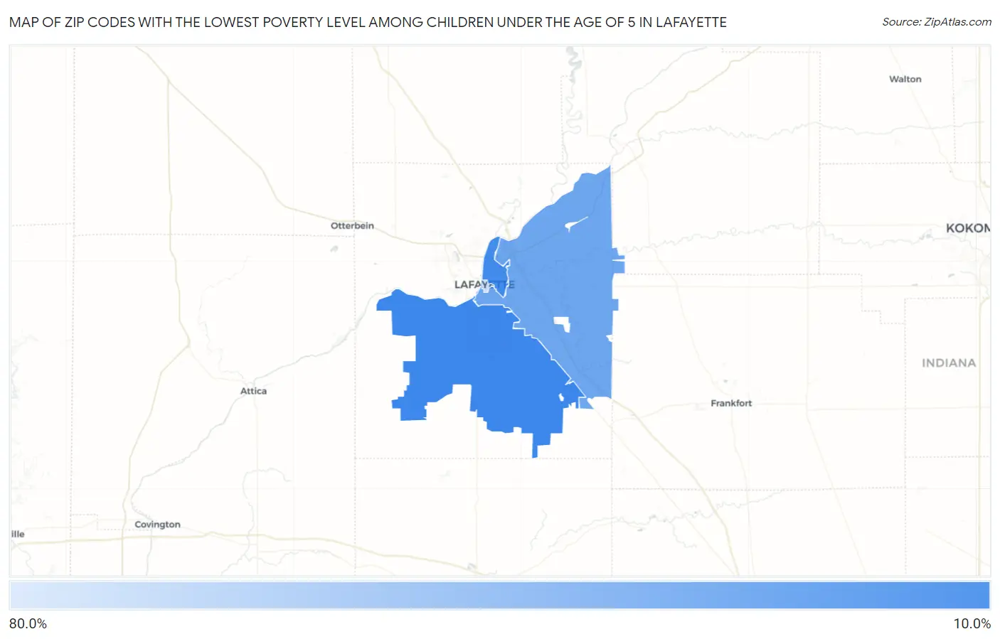 Zip Codes with the Lowest Poverty Level Among Children Under the Age of 5 in Lafayette Map