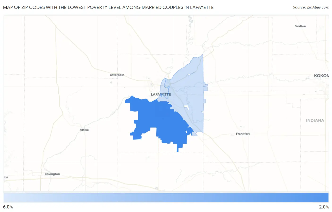 Zip Codes with the Lowest Poverty Level Among Married Couples in Lafayette Map