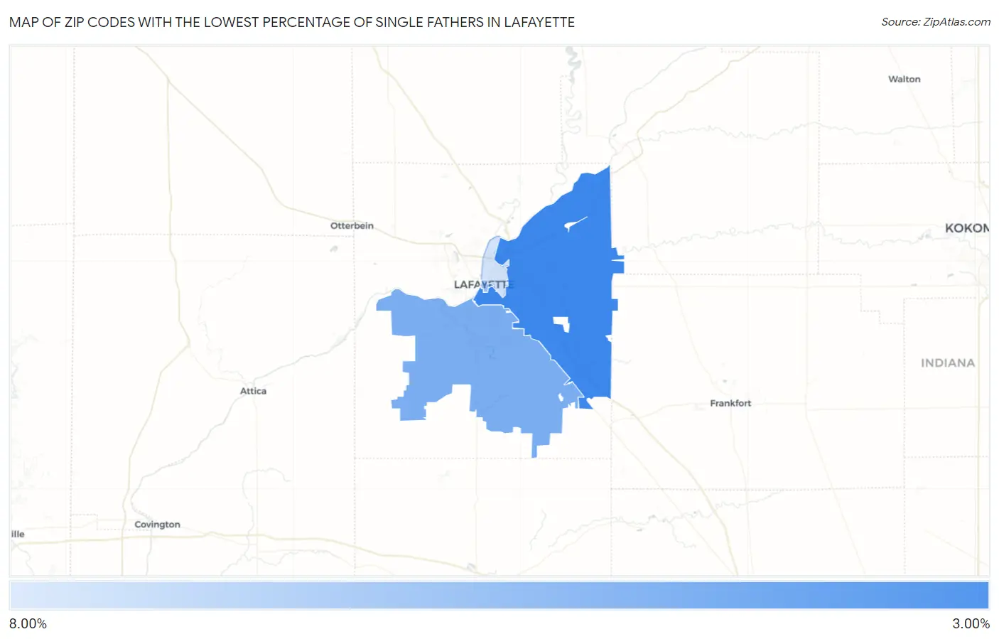 Zip Codes with the Lowest Percentage of Single Fathers in Lafayette Map