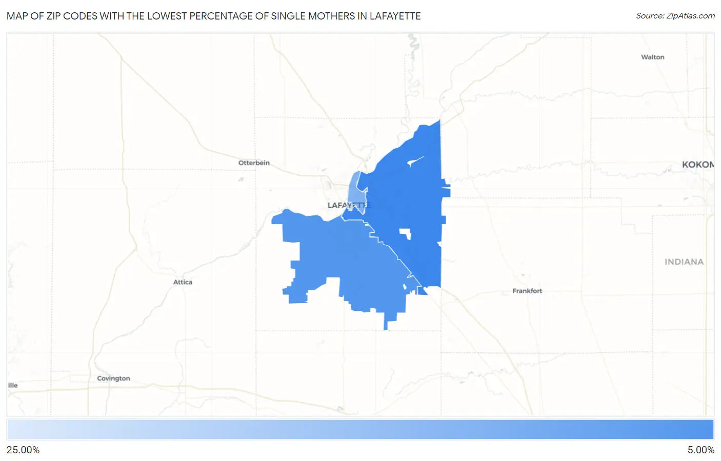 Zip Codes with the Lowest Percentage of Single Mothers in Lafayette Map