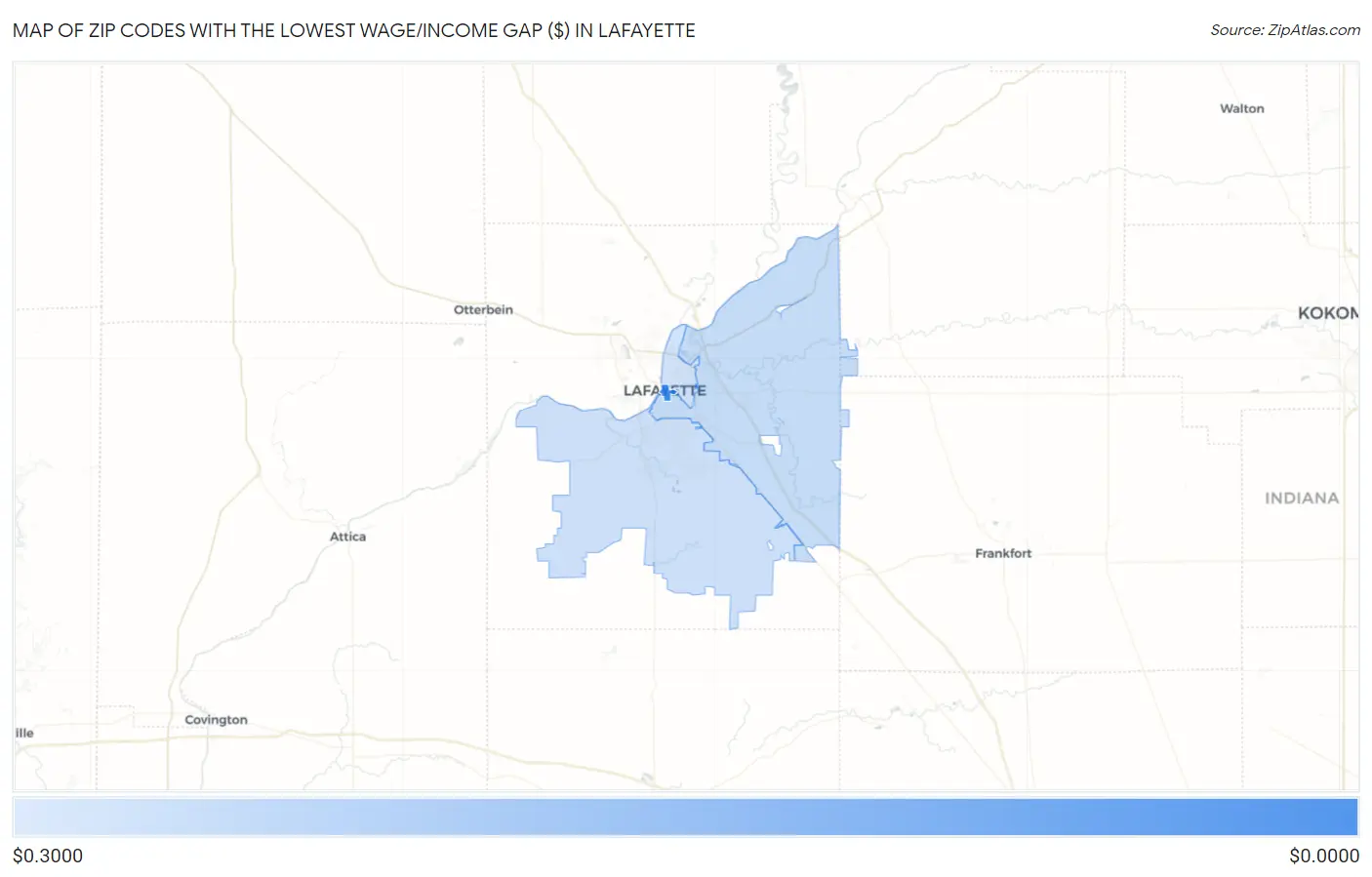 Zip Codes with the Lowest Wage/Income Gap ($) in Lafayette Map