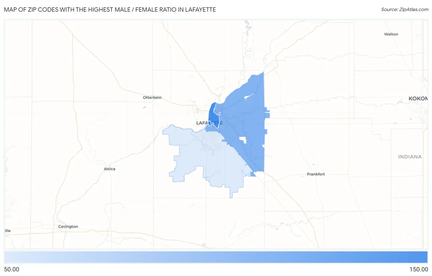Zip Codes with the Highest Male / Female Ratio in Lafayette Map