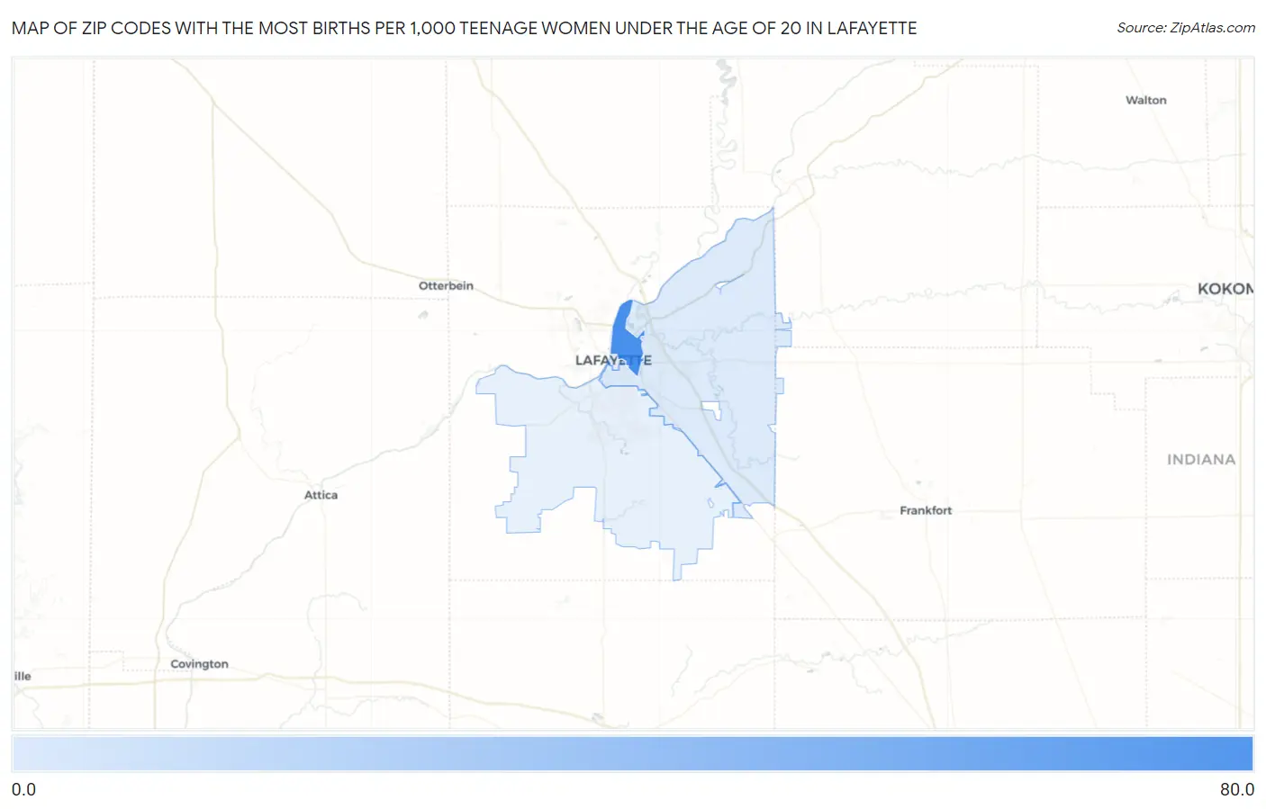 Zip Codes with the Most Births per 1,000 Teenage Women Under the Age of 20 in Lafayette Map