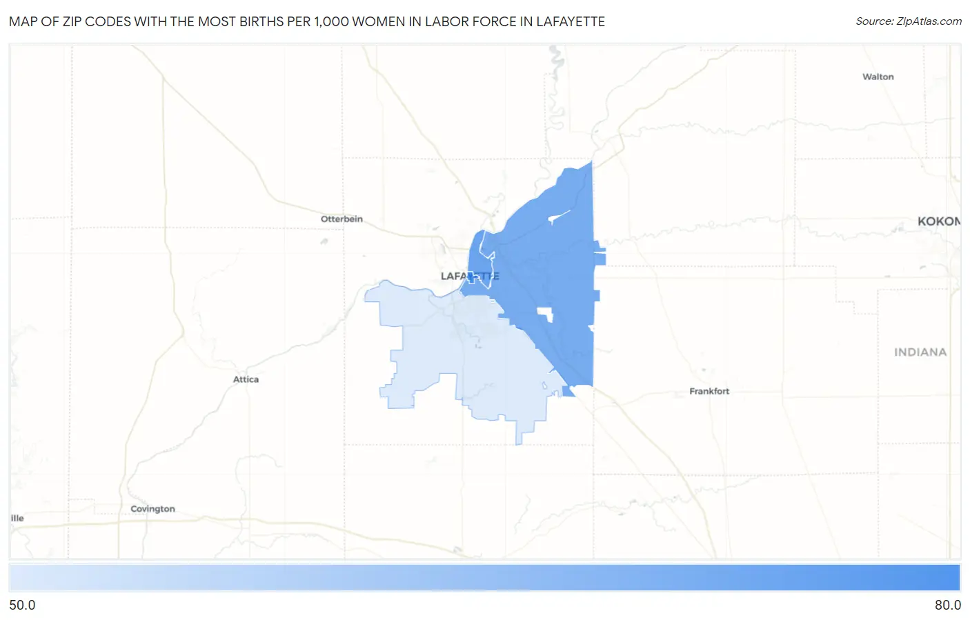 Zip Codes with the Most Births per 1,000 Women in Labor Force in Lafayette Map