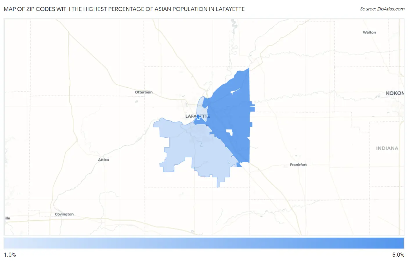 Zip Codes with the Highest Percentage of Asian Population in Lafayette Map