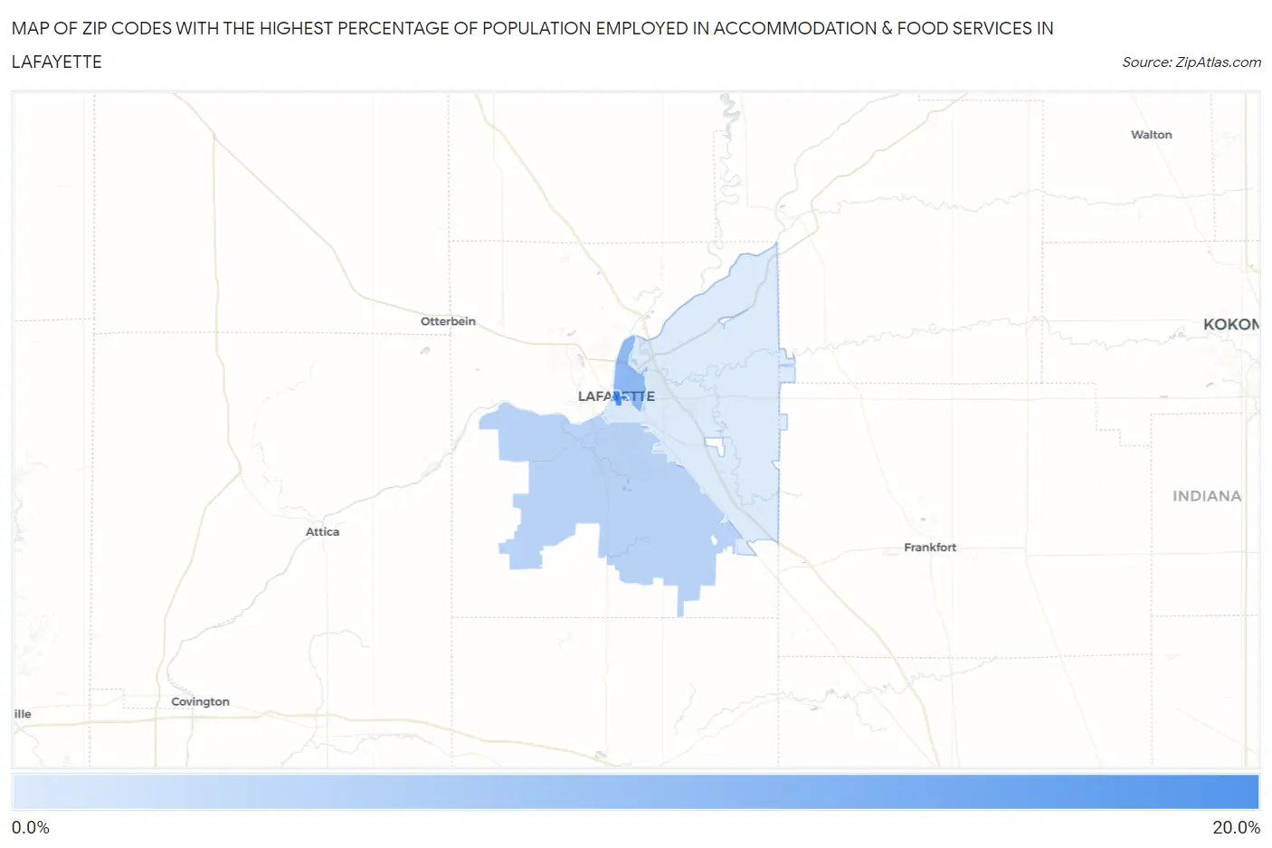 Zip Codes with the Highest Percentage of Population Employed in Accommodation & Food Services in Lafayette Map