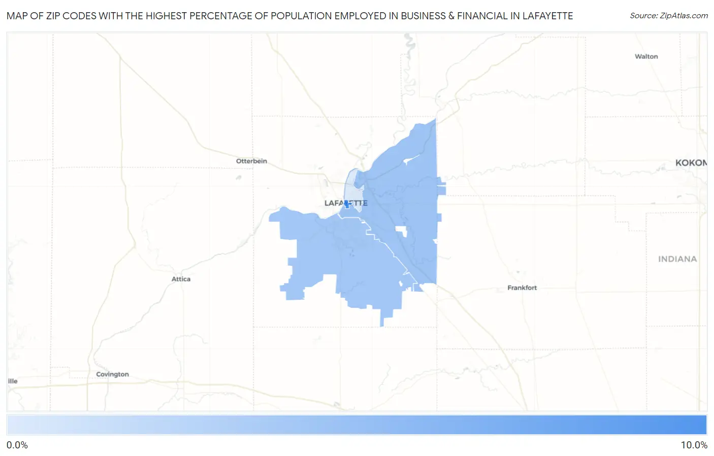 Zip Codes with the Highest Percentage of Population Employed in Business & Financial in Lafayette Map