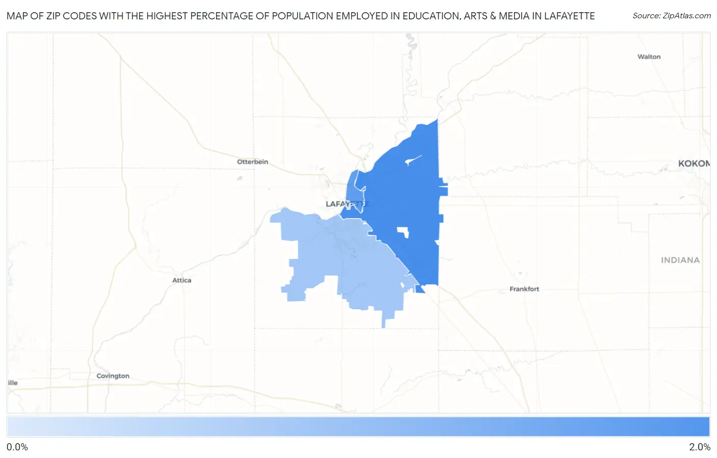 Zip Codes with the Highest Percentage of Population Employed in Education, Arts & Media in Lafayette Map