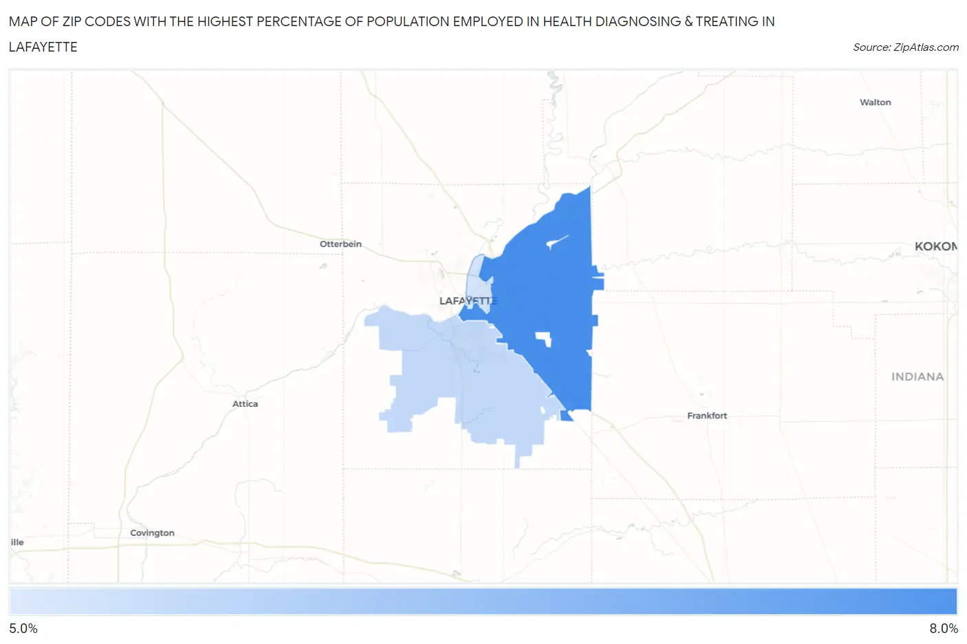 Zip Codes with the Highest Percentage of Population Employed in Health Diagnosing & Treating in Lafayette Map
