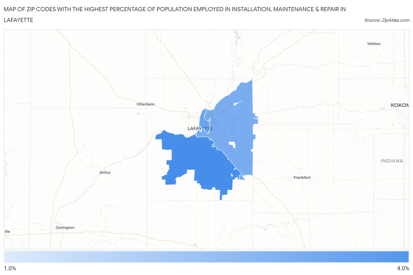 Zip Codes with the Highest Percentage of Population Employed in Installation, Maintenance & Repair in Lafayette Map