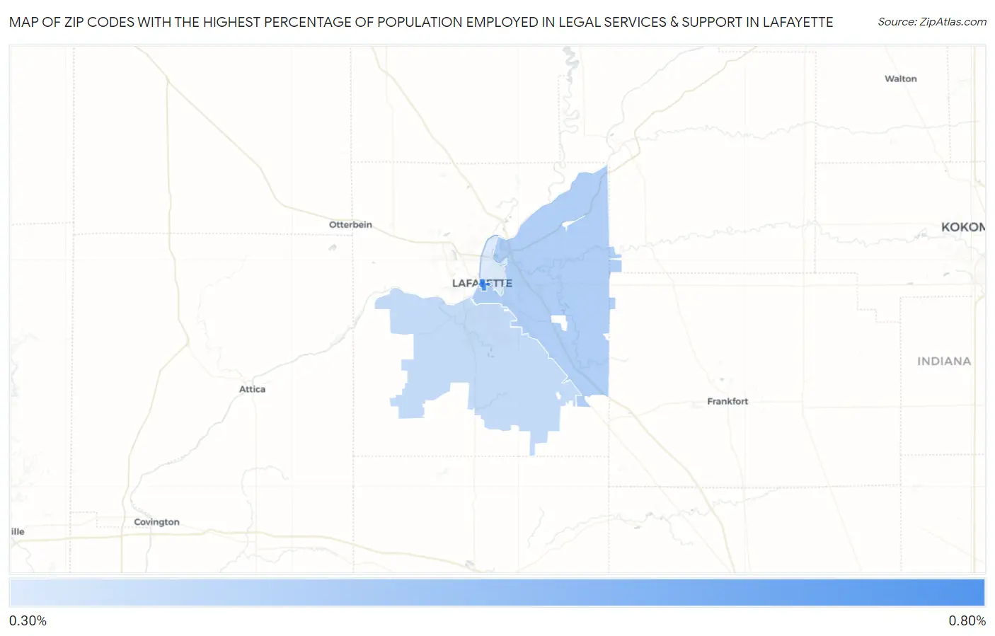 Zip Codes with the Highest Percentage of Population Employed in Legal Services & Support in Lafayette Map