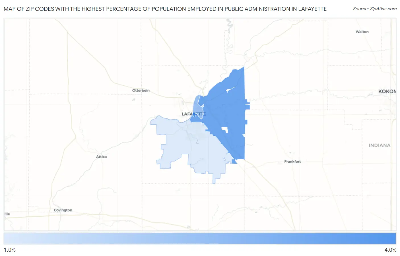 Zip Codes with the Highest Percentage of Population Employed in Public Administration in Lafayette Map
