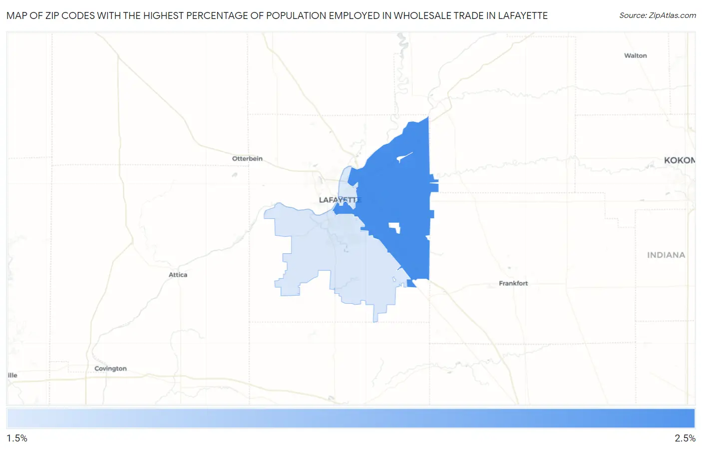 Zip Codes with the Highest Percentage of Population Employed in Wholesale Trade in Lafayette Map