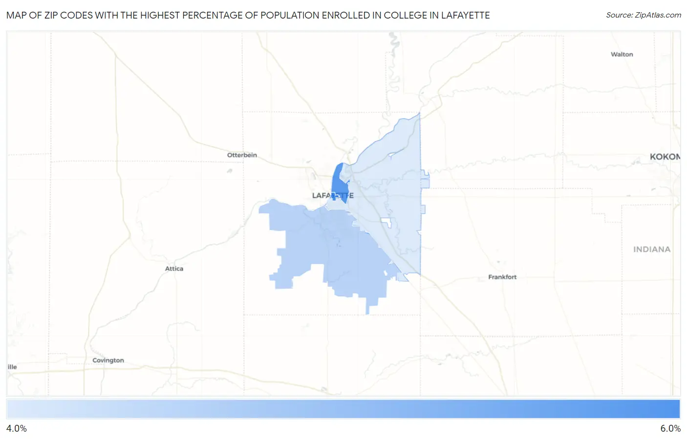 Zip Codes with the Highest Percentage of Population Enrolled in College in Lafayette Map