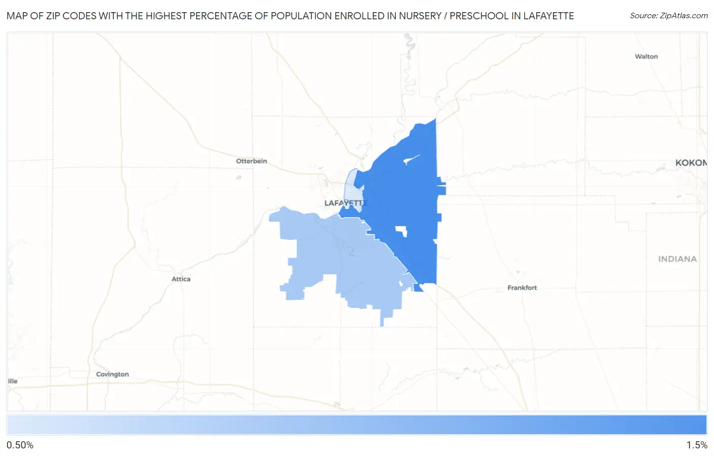 Zip Codes with the Highest Percentage of Population Enrolled in Nursery / Preschool in Lafayette Map