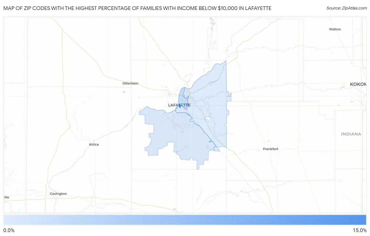 Zip Codes with the Highest Percentage of Families with Income Below $10,000 in Lafayette Map
