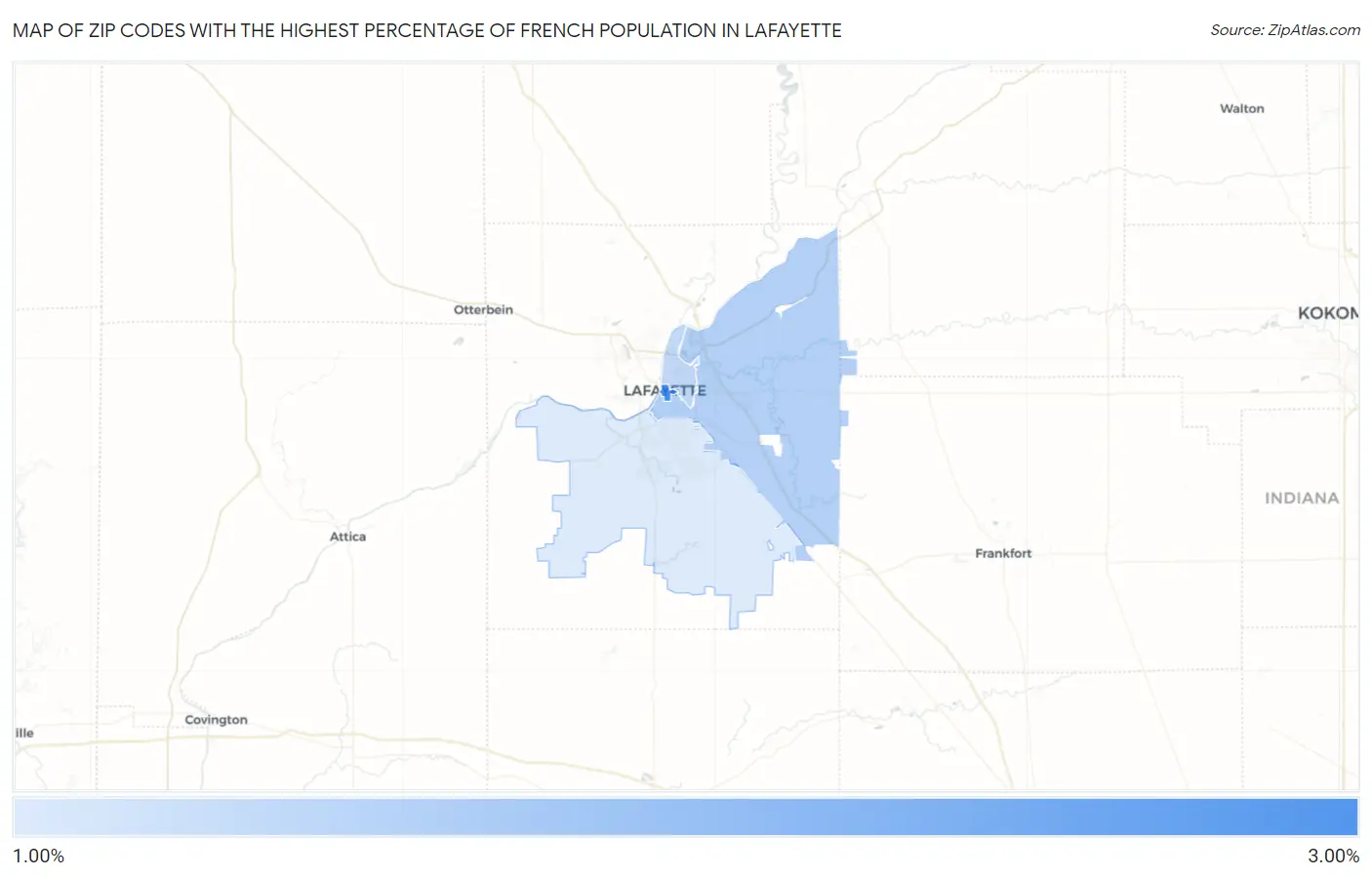 Zip Codes with the Highest Percentage of French Population in Lafayette Map